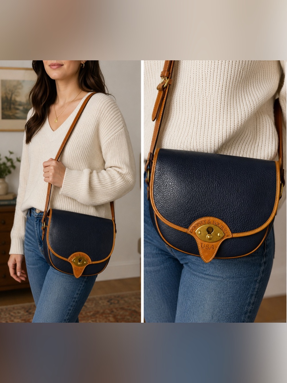 Vintage Dooney & Bourke AWL Navy Blue Large Cavalry Trooper Saddle Crossbody Bag